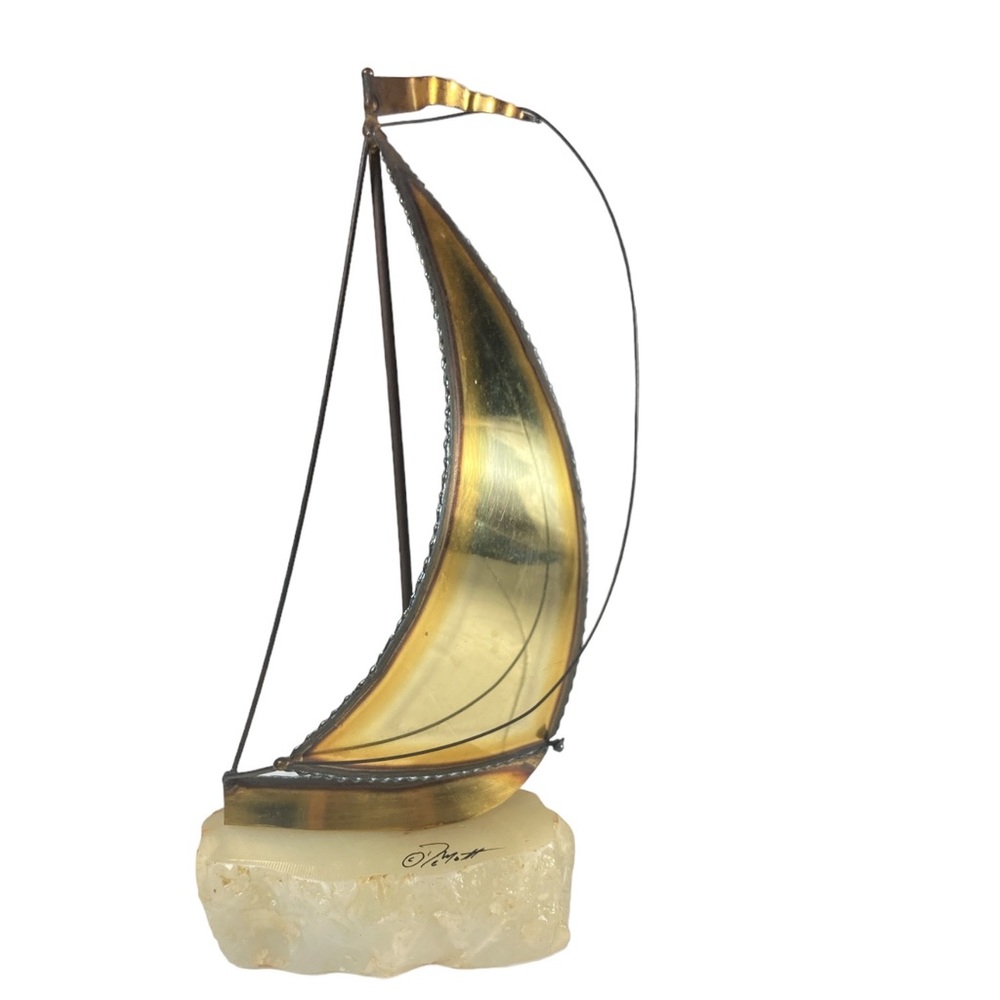Vintage John Demott Brutalist Brass Sail Boat On Quartz Signed 10”